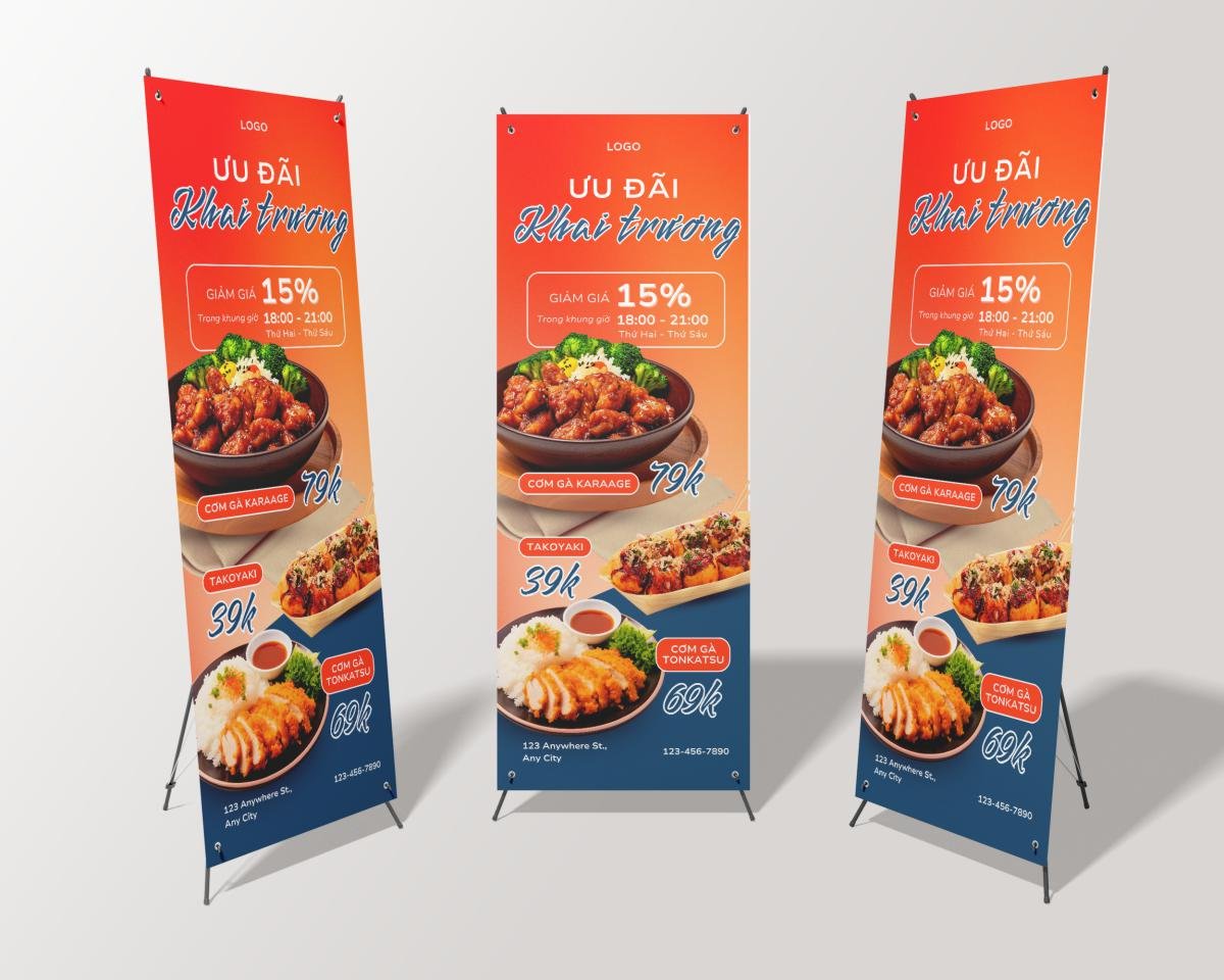 Mẫu standee sự kiện khai trương quán ăn f&b đẹp