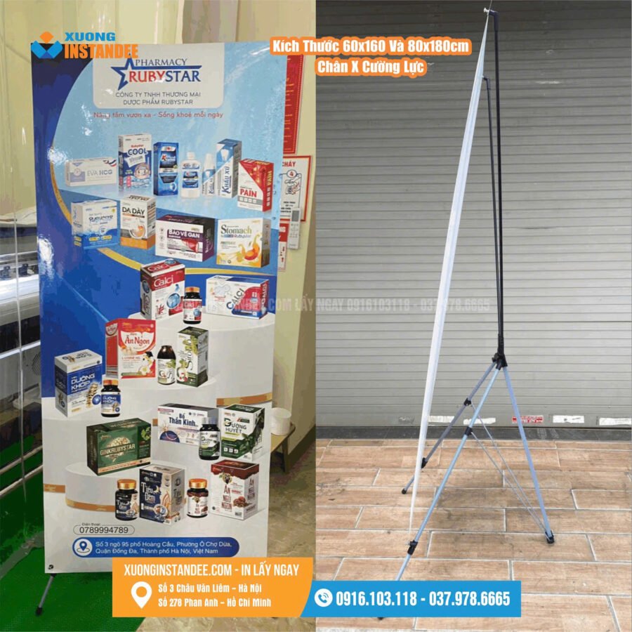 Alternative view of In standee 0.8×1.8m + chân X cường lực